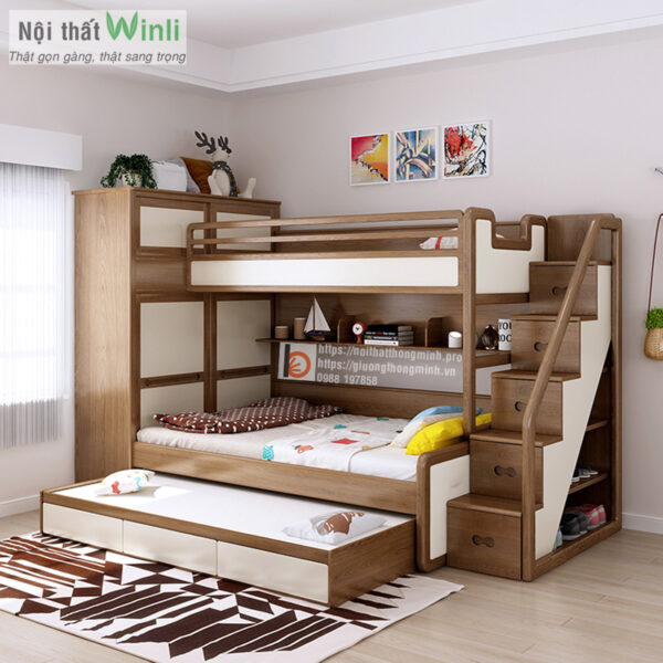 giường 3 tầng gỗ tự nhiên có tủ áo giuong 3 tang go tu nhien co tu ao e1729503208738